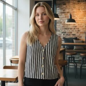 Loft Vest Womens XS Black Beige Chevron Zigzag Button Up Preppy